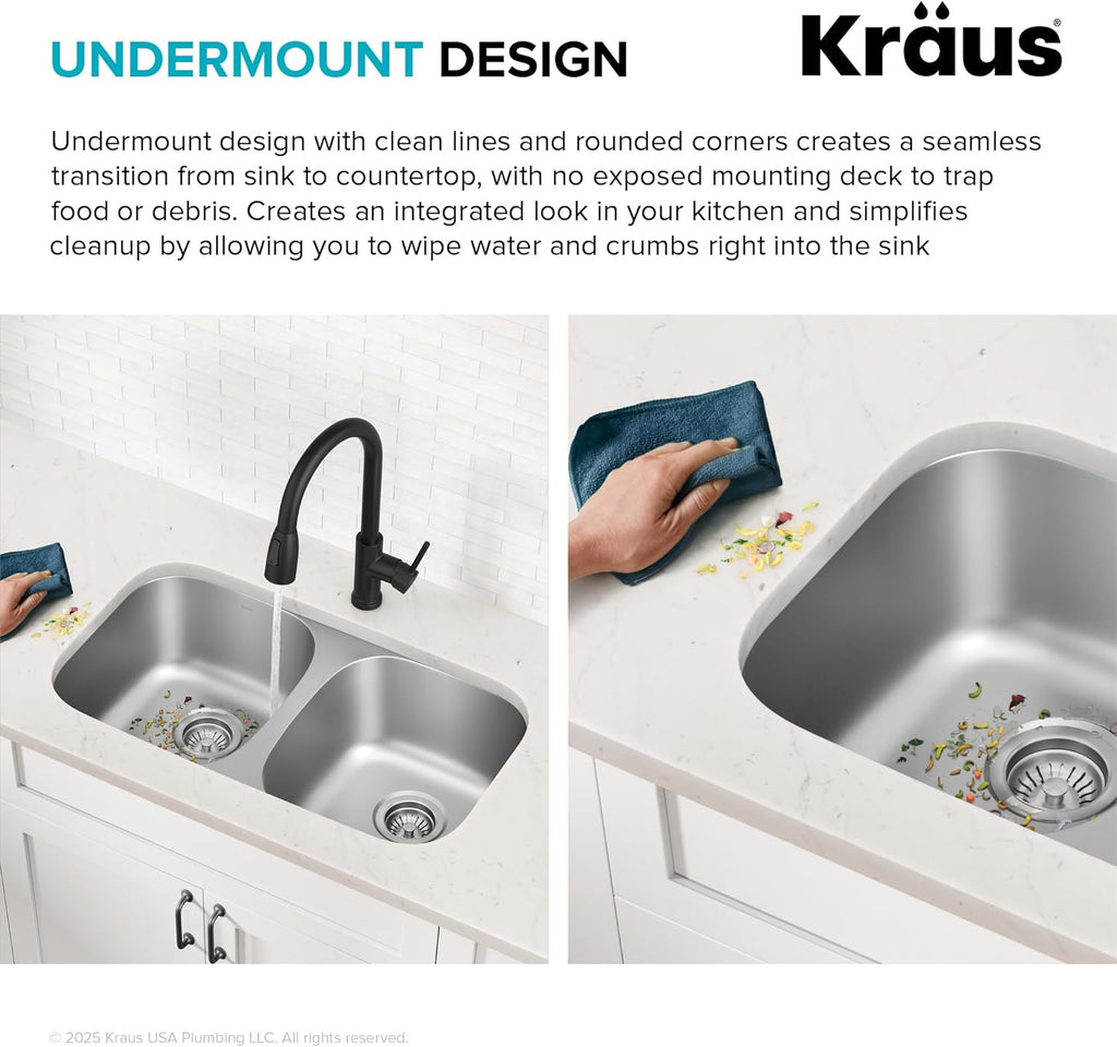 KRAUS Premier 32-Inch Undermount 50/50 Double Bowl 18-Gauge Stainless Steel Kitchen Sink with Strainers (X2), KBU22