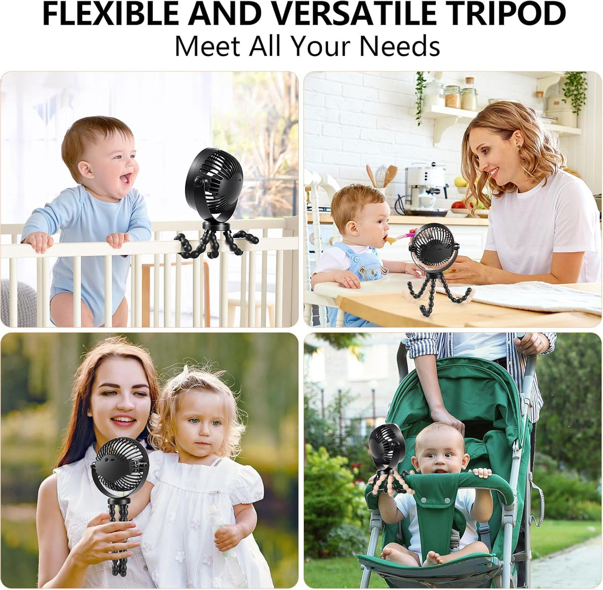 Mini Handheld Personal Portable Fan, Baby Stroller Fan, Car Seat Fan, USB or Battery Powered, with Flexible Tripod Clip on Student Bed Desk Bike Crib Treadmill Camping Traveling(Black)