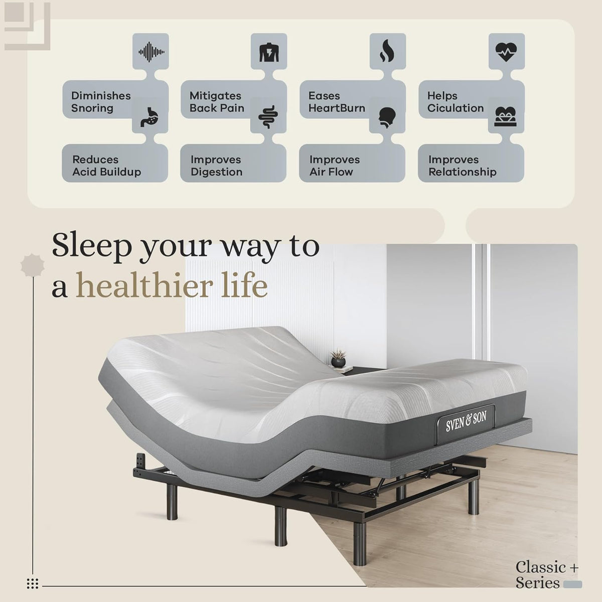 Sven & Son Harmony Adjustable Bed Base, Head and Foot Lift, Massage, Under-Bed Lights, USB, Gel Memory, Zero Gravity Smart Frame - Queen + 10 Inch Memory Foam Matt (Firm)