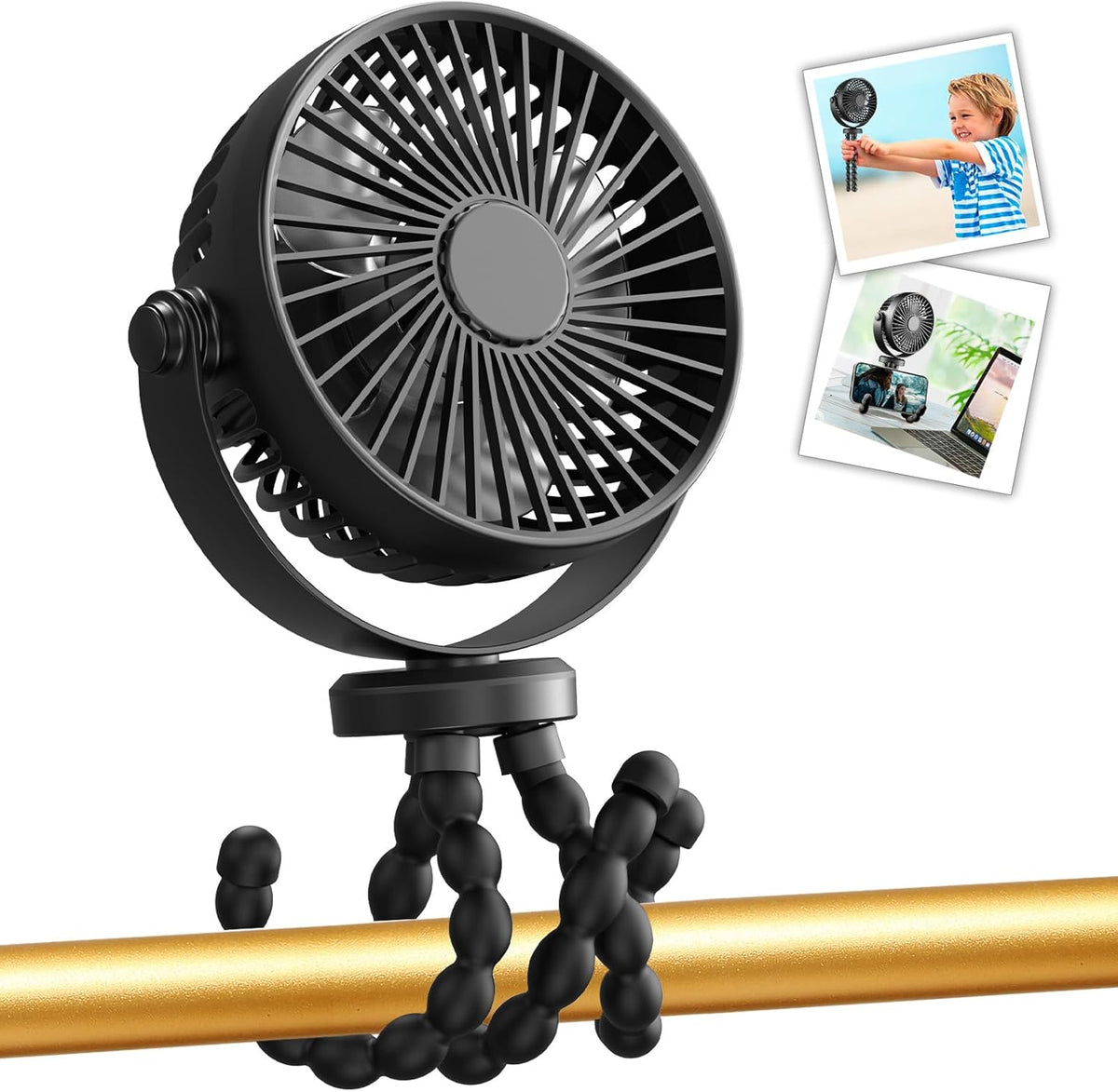 Mini Handheld Personal Portable Fan, Baby Stroller Fan, Car Seat Fan, USB or Battery Powered, with Flexible Tripod Clip on Student Bed Desk Bike Crib Treadmill Camping Traveling(Black)