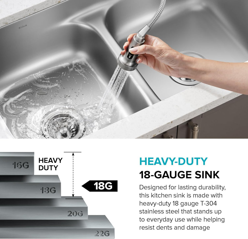 KRAUS Premier 32-Inch Undermount 50/50 Double Bowl 18-Gauge Stainless Steel Kitchen Sink with Strainers (X2), KBU22