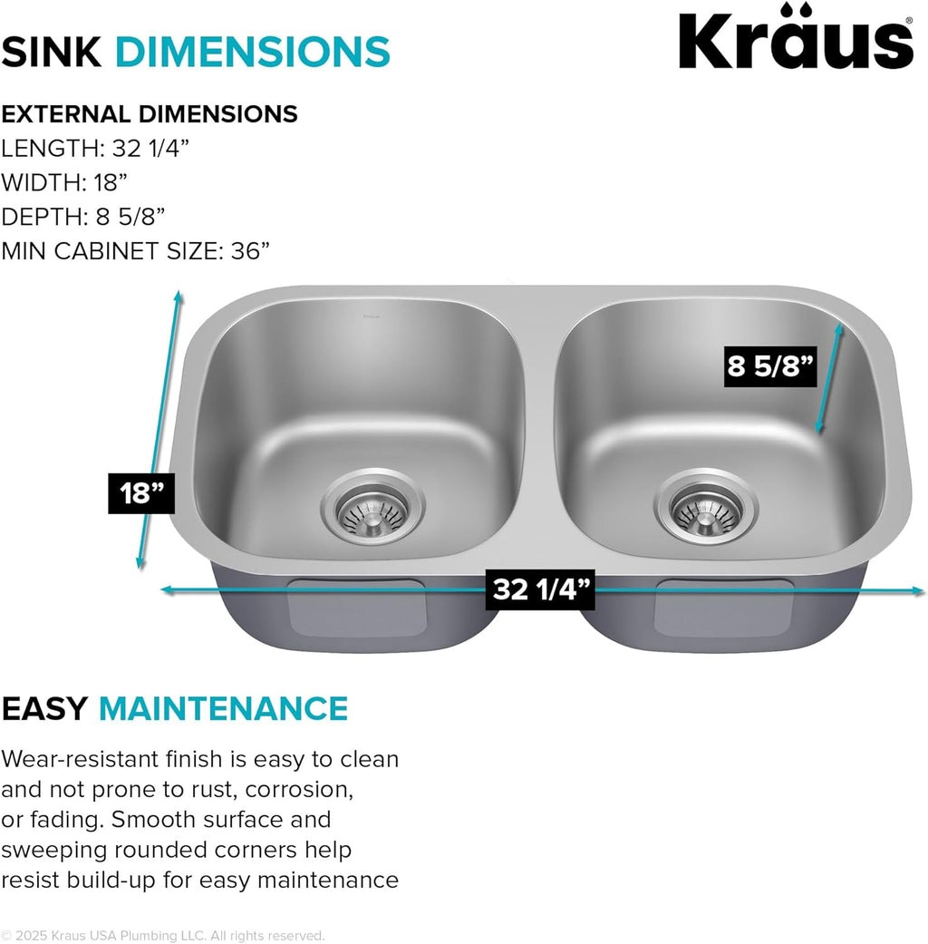 KRAUS Premier 32-Inch Undermount 50/50 Double Bowl 18-Gauge Stainless Steel Kitchen Sink with Strainers (X2), KBU22