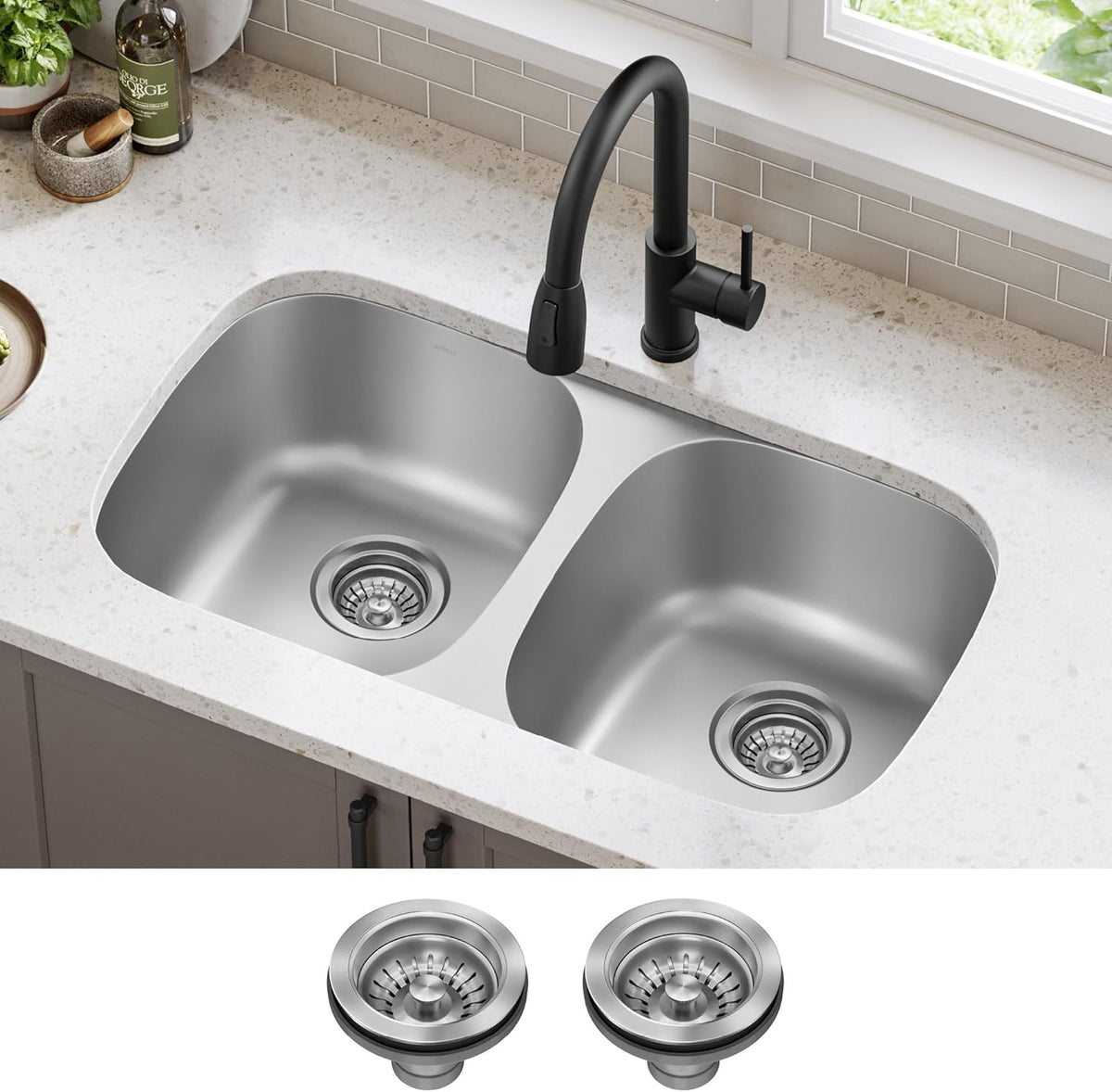 KRAUS Premier 32-Inch Undermount 50/50 Double Bowl 18-Gauge Stainless Steel Kitchen Sink with Strainers (X2), KBU22