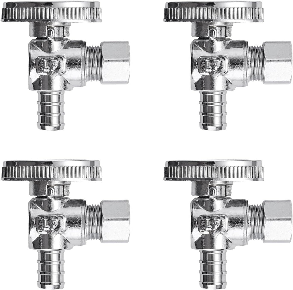 4 Pack Premium Lead-Free Brass 1/2 Inch Pex X 3/8 Inch OD Compression Quarter Turn Angle Stop Valve with 4 PCS PEX Clamp Ring