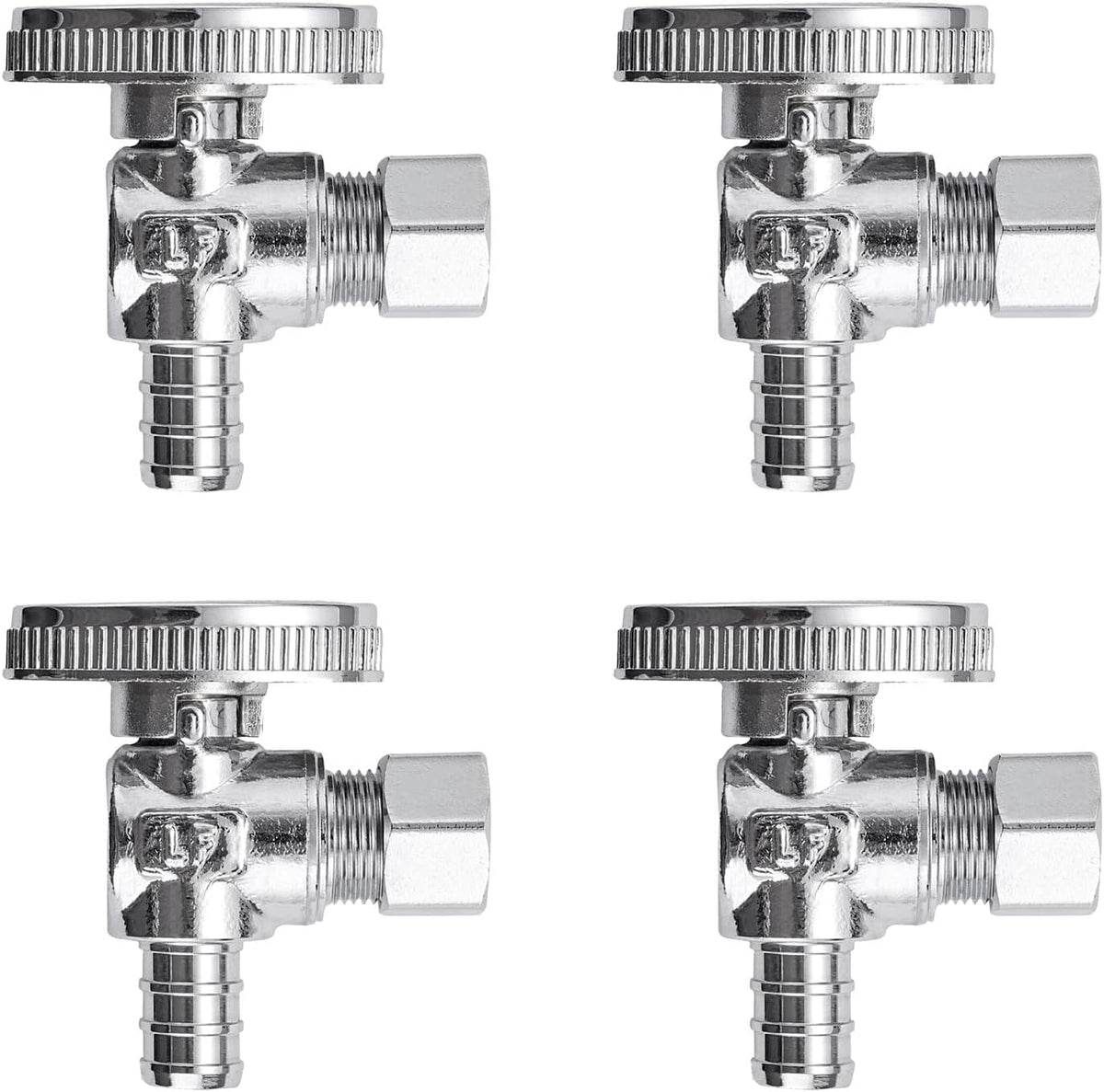 4 Pack Premium Lead-Free Brass 1/2 Inch Pex X 3/8 Inch OD Compression Quarter Turn Angle Stop Valve with 4 PCS PEX Clamp Ring
