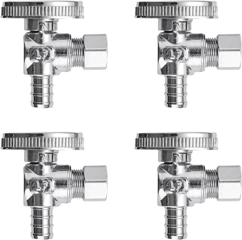 4 Pack Premium Lead-Free Brass 1/2 Inch Pex X 3/8 Inch OD Compression Quarter Turn Angle Stop Valve with 4 PCS PEX Clamp Ring