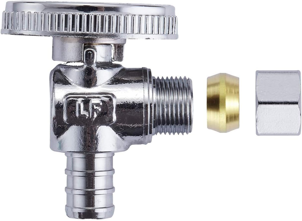 4 Pack Premium Lead-Free Brass 1/2 Inch Pex X 3/8 Inch OD Compression Quarter Turn Angle Stop Valve with 4 PCS PEX Clamp Ring