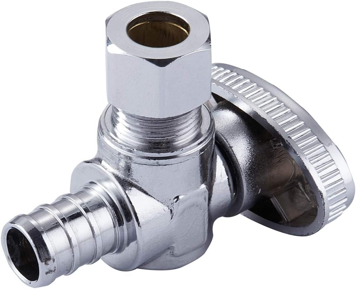 4 Pack Premium Lead-Free Brass 1/2 Inch Pex X 3/8 Inch OD Compression Quarter Turn Angle Stop Valve with 4 PCS PEX Clamp Ring