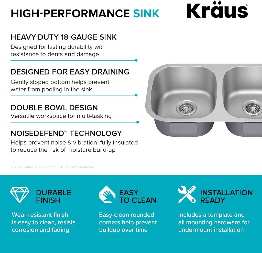 KRAUS Premier 32-Inch Undermount 50/50 Double Bowl 18-Gauge Stainless Steel Kitchen Sink with Strainers (X2), KBU22