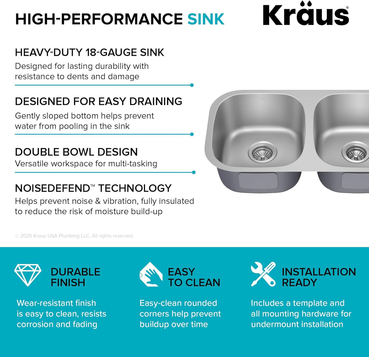 KRAUS Premier 32-Inch Undermount 50/50 Double Bowl 18-Gauge Stainless Steel Kitchen Sink with Strainers (X2), KBU22