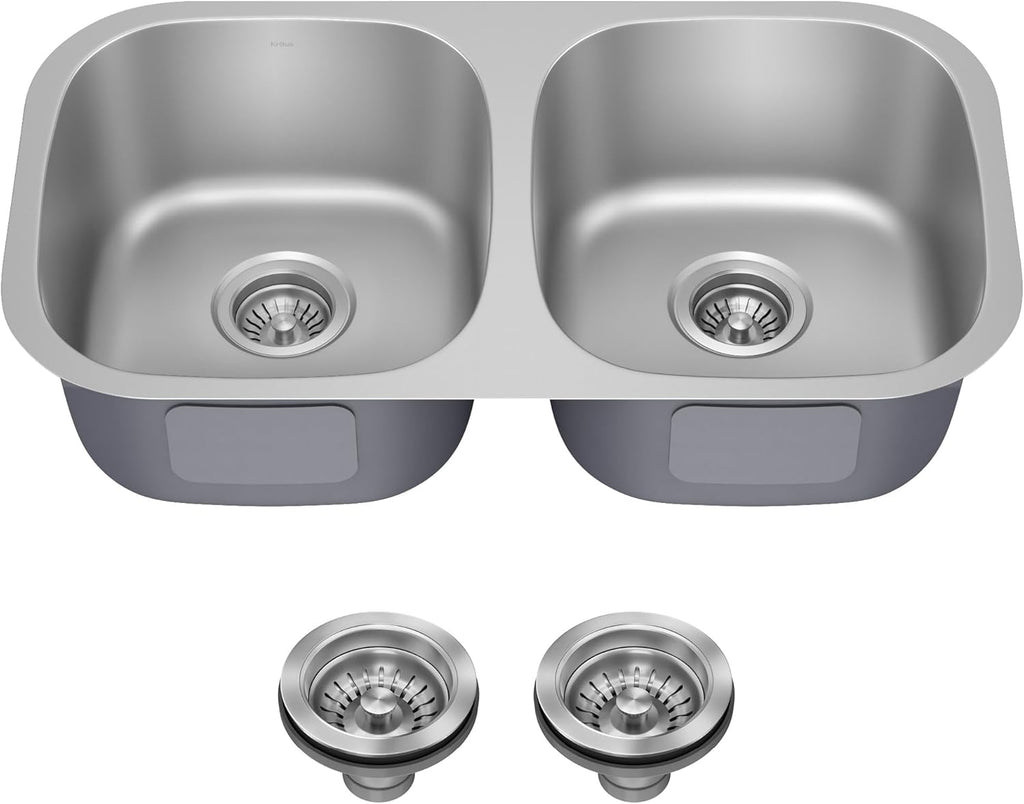 KRAUS Premier 32-Inch Undermount 50/50 Double Bowl 18-Gauge Stainless Steel Kitchen Sink with Strainers (X2), KBU22