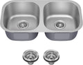 KRAUS Premier 32-Inch Undermount 50/50 Double Bowl 18-Gauge Stainless Steel Kitchen Sink with Strainers (X2), KBU22
