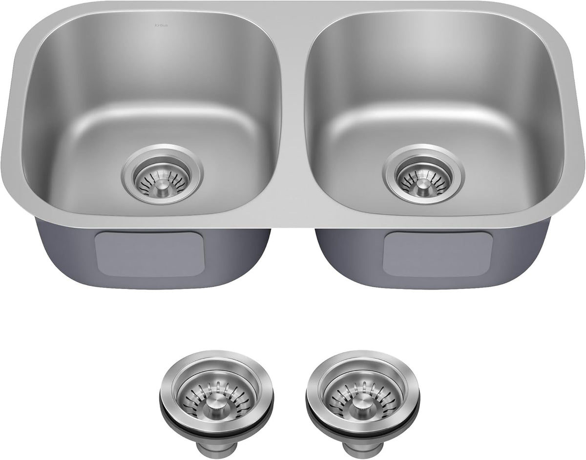 KRAUS Premier 32-Inch Undermount 50/50 Double Bowl 18-Gauge Stainless Steel Kitchen Sink with Strainers (X2), KBU22